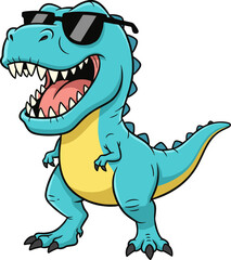 Cool, cartoon, blue, dinosaur, trex, wearing, black, sunglasses, standing, with, open, mouth, fun, prehistoric, animal, mascot, character, vector, illustration, concept.  © Delowara