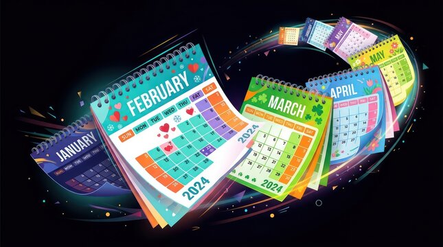 Calendar pages flipping through months. Business planning and scheduling concept. Professional workspace with colorful calendars and time managemen...