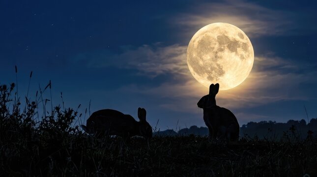 Two rabbits silhouetted against a brilliant full moon at night