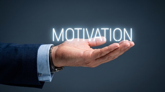 Motivation text glowing over businessman hand, corporate success and leadership concept, professional growth and inspiration in business