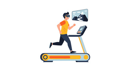 Fototapeta premium Man Running on Treadmill with VR Headset Flat Vector Illustration, Virtual Reality Fitness and Immersive Home Workout Concept
