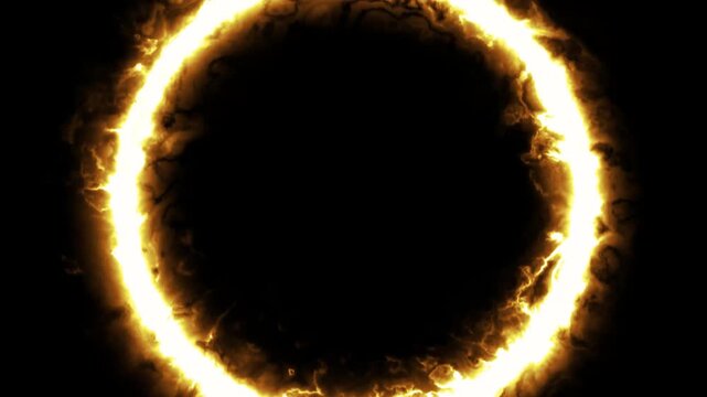 Glowing golden fire ring isolated on a deep black background for motion and visual effects