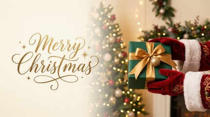 Obraz premium Santa Claus hands giving a green gift box with golden ribbon and bow