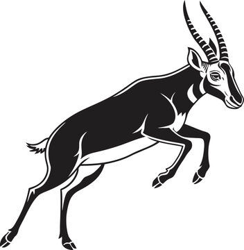 Stylized jumping antelope vector illustration, black and white gazelle mascot logo, leaping impala wildlife graphic for sports and outdoor branding