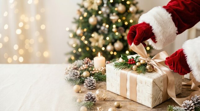 Santa Claus hands tying a ribbon on a beautifully wrapped Christmas gift box