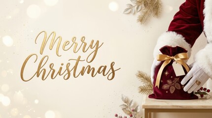 Obraz premium Santa Claus holding a gift bag with festive decorations and golden text