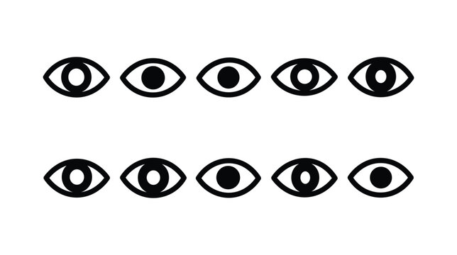 Eye pupil expression icons set. Collection of stylized eye icons featuring different pupil and iris designs in bold black outline and filled shapes.