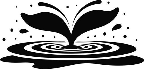 Minimalist whale tail fluke vector, black silhouette of whale diving into water ripples, marine life splash icon for ocean conservation branding © Zannatul