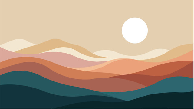 Abstract contemporary landscape posters. Modern boho background set with lake, river,sun, moon, mountains, minimalist wall decor. Vector art print