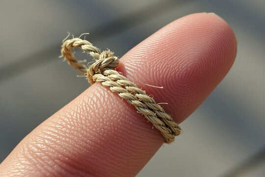 Close up macro shot of a finger with a string tied around it. This act signifies a reminder of something important, a memory, or a task that should not be forgotten.