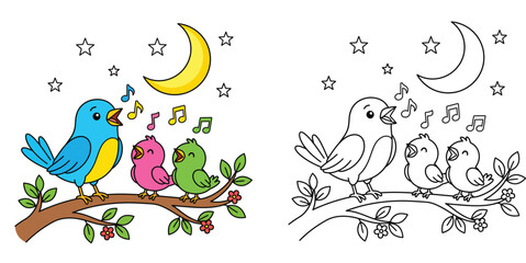 Obraz premium Cartoon Singing Bird Family on Tree Branch under Crescent Moon