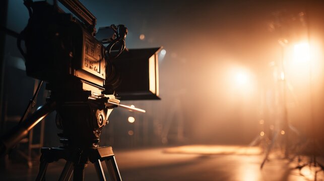 Sleek camera rig on tripod captured from a wide low angle, showcasing intricate details and lighting in a professional studio environment with copy space