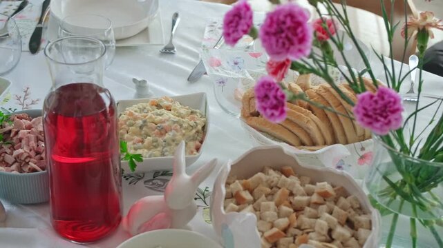 Table with Food on Traditional Easter Breakfast at Catholic Family in Poland