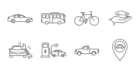 Fototapeta premium Set of line art icons featuring various automobiles and transportation concepts transportation electric
