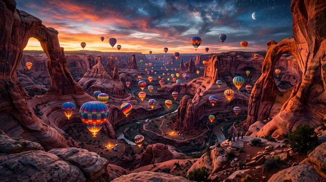 Surreal desert canyon with floating colorful hot air balloons