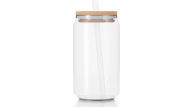 Realistic rotating 16 oz glass can video mockup with a bamboo lid on a transparent background. Perfect for showcasing wraps, labels, and branding with smooth 360 degrees animation.