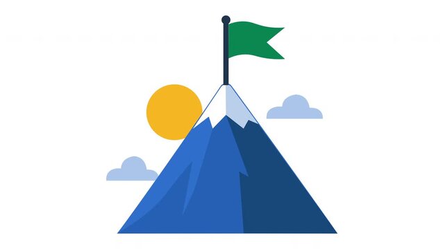 Blue mountain peak with green flag and sun, business goal achievement and leadership success flat vector motion graphics animation video