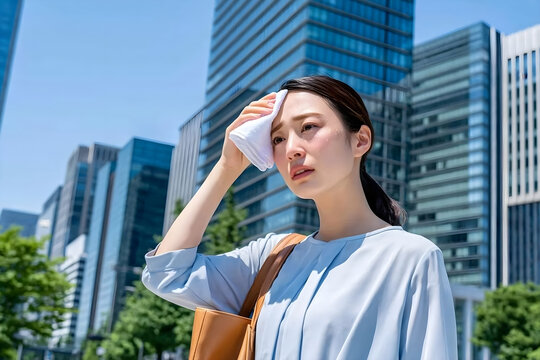 Tired young Asian business woman wiping sweat from her forehead with towel during hot summer day in city, perfect for heatwave and global warming concepts