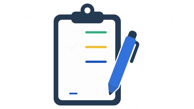 Clipboard with paper sheet document and pen icon, task management and checklist contract flat vector motion graphics animation video
