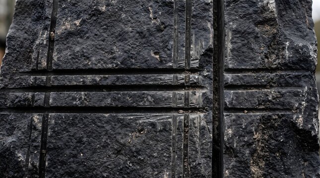 Weathered black basalt stone texture with industrial cut lines