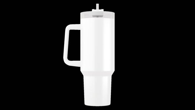 Realistic 40 oz travel tumbler with handle rotating on a transparent background. Suitable video for showcasing custom artwork, logos, wraps, and branding with smooth 360 animation.