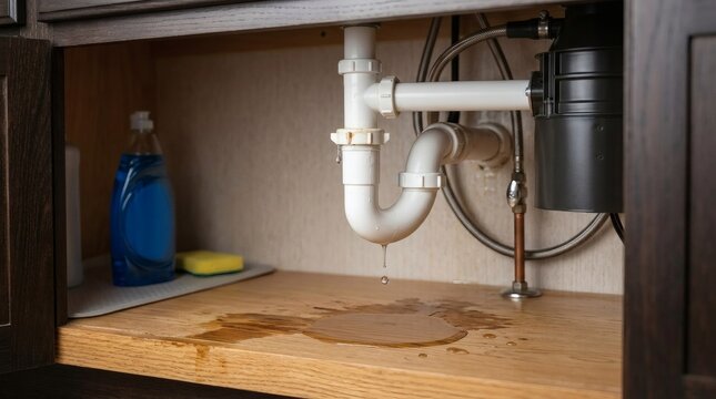 Water leaking from kitchen sink p trap pipe creating puddle inside dark wooden cabinetry storage space with water dripping onto damaged wooden cabinet floor