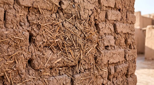 Ancient Iranian mud brick wall texture showing sun dried straw
