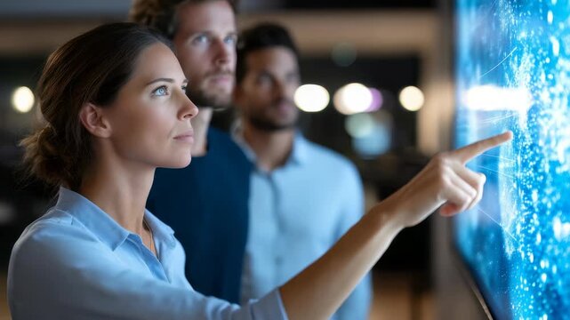 A woman leads a group of colleagues as they interact with a glowing digital interface, exploring data visualization and analytics. The scene captures collaboration, leadership, and high tech progress