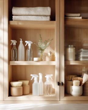 Natural cleaning cabinet with neutral towels brushes and glass spray bottles for sustainable home organization background and interior design