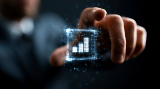 Businessman touches a glowing holographic bar chart floating in the air to analyze performance indicators and visualize complex data sets for strategic decision making in a professional setting.