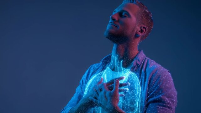 A person experiences a moment of mindfulness, connecting with his inner self while digital anatomy is superimposed on his body. The scene highlights innovation in medical visualization and wellness