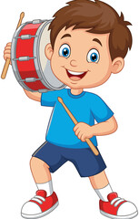Cute cartoon boy playing red drum and holding drumsticks, happy child musician character, school band hobby musical instrument vector illustration.
