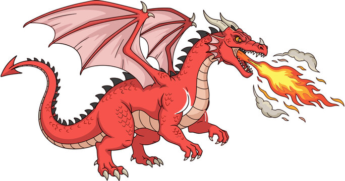 Fierce cartoon red dragon breathing fire, mythological fantasy creature with large wings, powerful beast character for fairytale story vector illustration.
