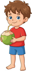 Happy cartoon boy holding fresh green coconut with straw, summer tropical vacation refreshment, healthy drink lifestyle vector illustration isolated background.
