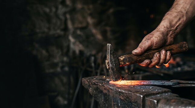 Close up of blacksmith striking glowing iron on an anvil