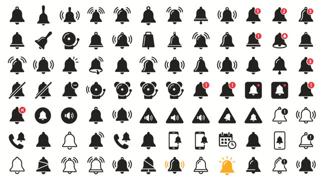 Notification bell icons collection provides a comprehensive set of symbols for digital user interface design, mobile applications, and alert systems that require clear visual communication.