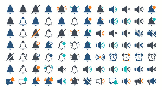 Notifications and sound settings are represented by this extensive icon library featuring various bell and speaker symbols to help users manage alerts, volume controls, and system sounds effectively.