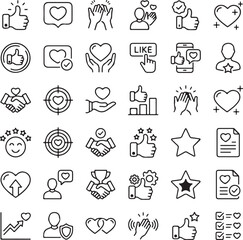 Fototapeta premium Set of line icons for social media, customer feedback and satisfaction. Thumbs up, hearts, clapping hands and star ratings in a black vector style