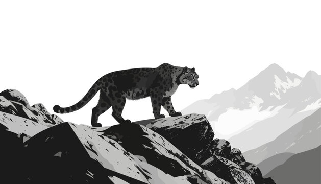 Majestic snow leopard perched on rocky outcrop overlooking misty mountain range, black and white illustration