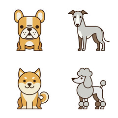 Fototapeta premium Cute cartoon dog breeds vector illustration set, four different domestic puppies sitting and standing isolated on clean white background for pet related design