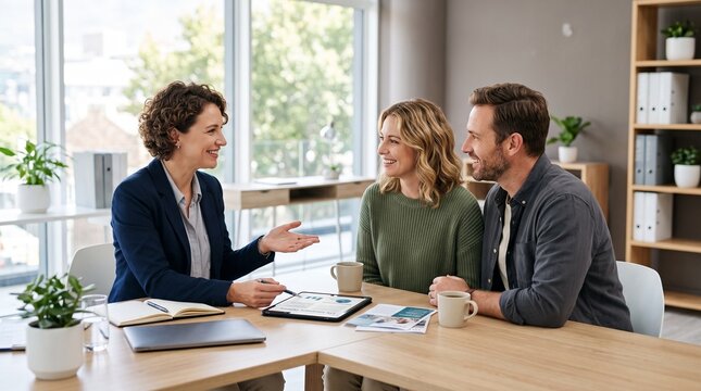 Professional financial advisor explaining insurance plans to young couple. Expert consultant discussing coverage options with clients in modern off...