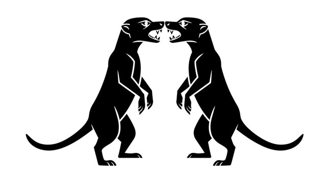 Two mongooses facing off in silhouette