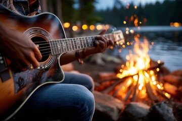 Obraz premium Playing guitar by the campfire near a serene lake in the mountains at dusk