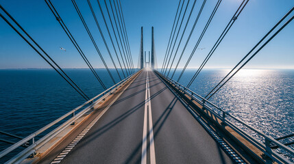 Fototapeta premium Iconic bridge connects two lands across ocean under clear blue sky with sun shining and birds flying.