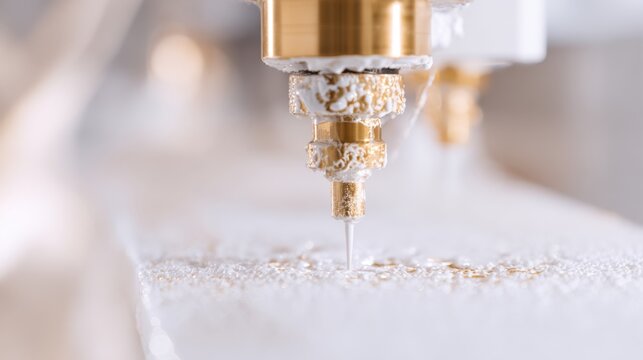 Precision adhesive dispensing nozzle applying white glue to foam block for industrial production background and packaging design