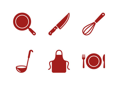 Solid red kitchen utensil flat icons set including frying pan, chef knife, whisk, ladle, cooking apron and dining table cutlery symbols