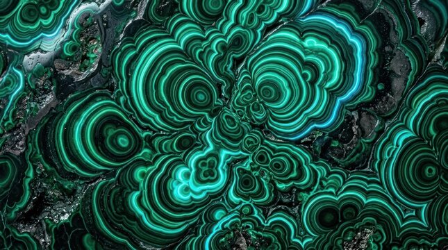 A close-up shot reveals intricate malachite stone with swirling, vibrant green patterns. The stone exhibits a layered, banded appearance with concentric circles of color.