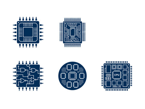Blue monochrome vector icons set of microchips, central processing units and circuit boards, computer processor symbols isolated on white background