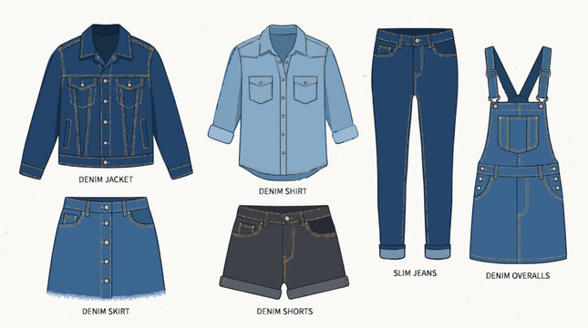 A Set of different jeans clothes vector flat illustration. Collection of stylish denim shirt, trousers, jacket, shorts and skirt isolated. Trendy modern cotton clothing, street style wear