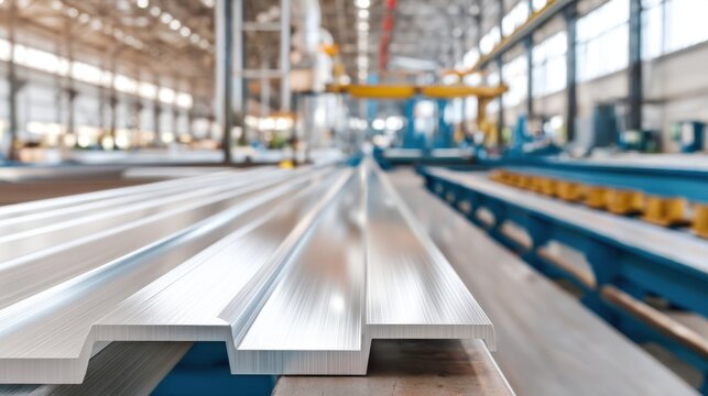 Aluminum extrusion profiles on production line for construction material manufacturing background and industrial design presentation